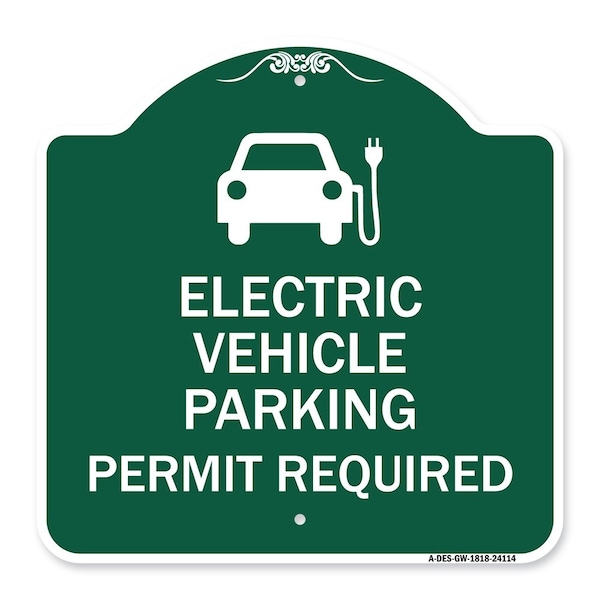 Electric Vehicle Parking Permit Required With Electric Car Graphic, Green & White, GW-1818-24114